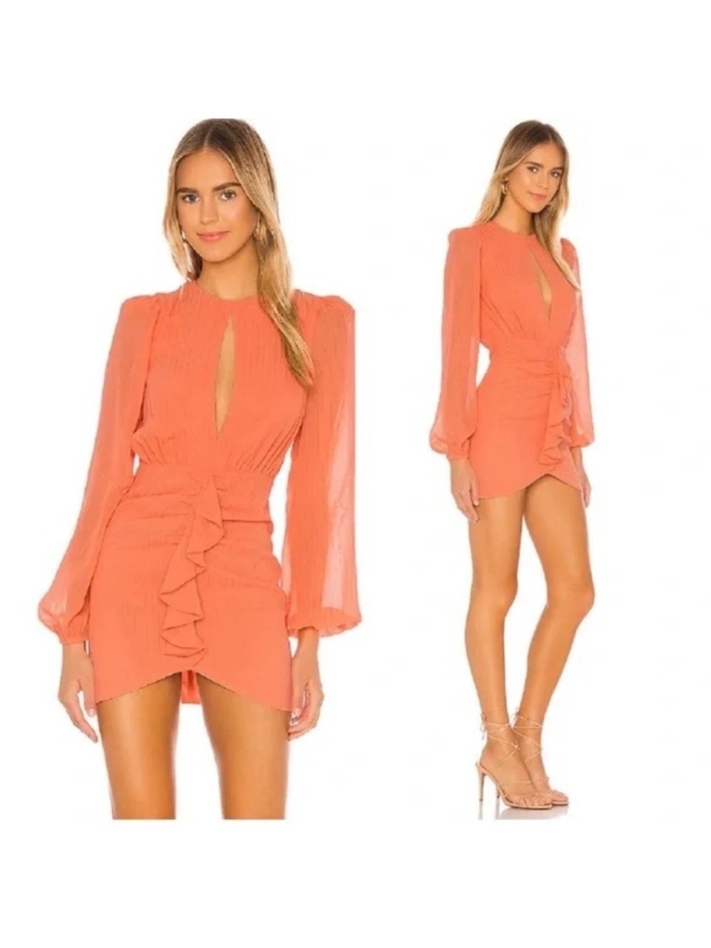 NBD Coral Keyhole Ruffle Long-Sleeve Mini Dress